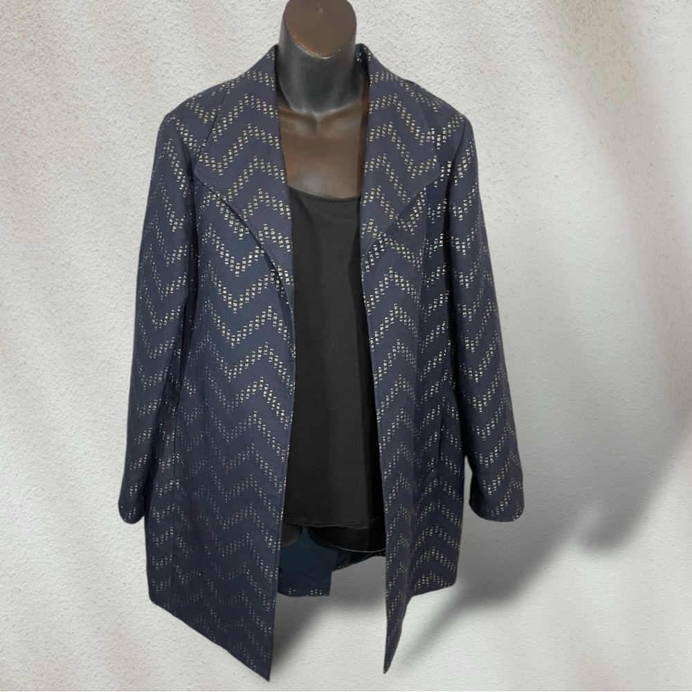 Chico's Navy Metallic Gold Chevron Long Jacket Blazer Size 1 US Med/8